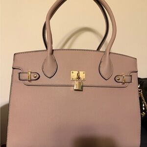 Structured Beige Satchel Handbag with Gold Lock